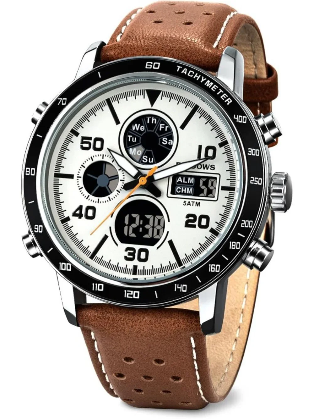 Men's Brown Analog Leather Waterproof Military Multifunctional LED Digital Watch
